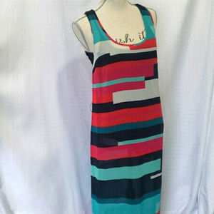 GUESS Sheer Overlay Maxi Sleeveless Stripes Geometric Dress